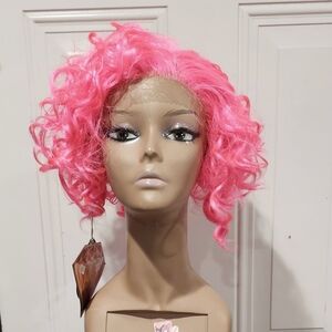 Short curly hot pink lace front wig